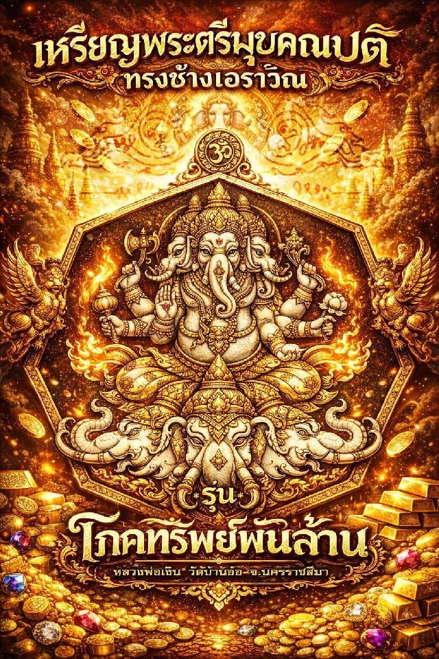 เหรียญพระตรีมุขคณปติทรงช้างเอราวัณ โภคทรัพย์พันล้าน วัดบ้านอ้อ นครราชสีมา เปิดจองครับ