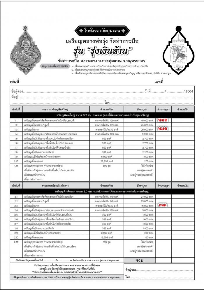 เหรียญหลวงพ่อรุ่ง วัดท่ากระบือ รุ่น”รุ่งเงินล้าน” เปิดจองครับ