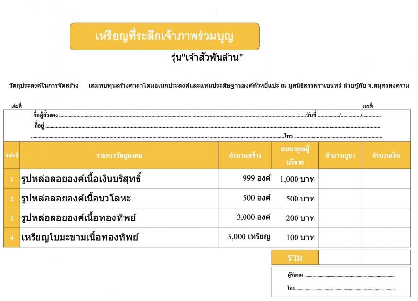 ขอเชิญร่วมเป็นเจ้าภาพทอดผ้าป่าสามัคคี สมทบทุนสร้างศาลาโดมอเนกประสงค์ แท่นประดิษฐานองค์ตั่วแปะ องค์หยี่แปะ ณ มูลนิธิสรรพราเชนทร์ (ฝ่ายกู้ภัย) จ.สมุทรสงครา