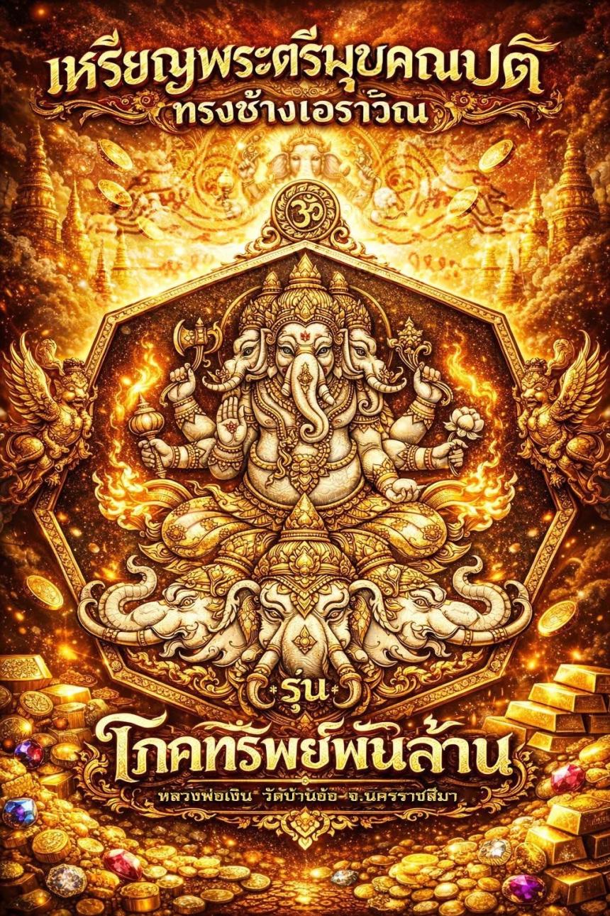 เหรียญพระตรีมุขคณปติทรงช้างเอราวัณ โภคทรัพย์พันล้าน วัดบ้านอ้อ นครราชสีมา เปิดจองครับ