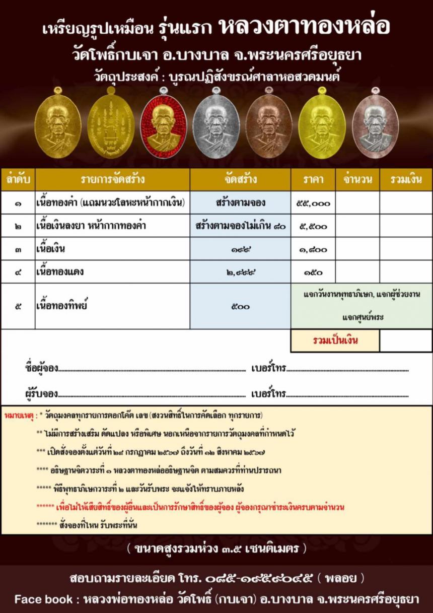 เหรียญรูปเหมือนรุ่นแรก หลวงตาทองหล่อ วัดโพธิ์กบเจา อ.บางบาล จ.อยุธยา