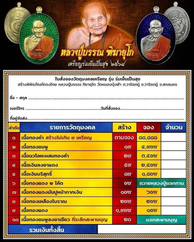 หลวงปู่บรรณ ฑีฆายุโก วัดหนองบุ้งฟ้า อ.วาริชภูมิ จ.สกลนค เปิดจองครับ
