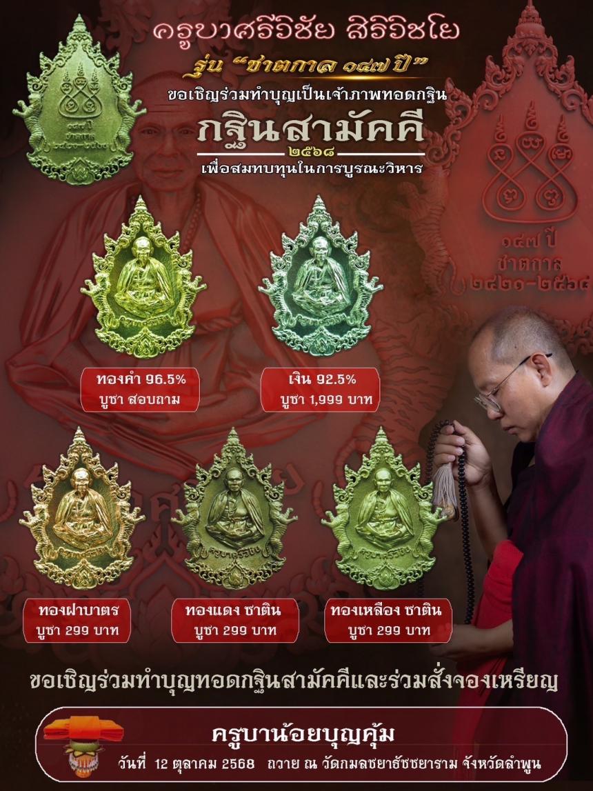 เหรียญที่ระลึกครบรอบชาตกาล 147ปี ครูบาศรีวิชัย สิริวิชโย เปิดจองครับ