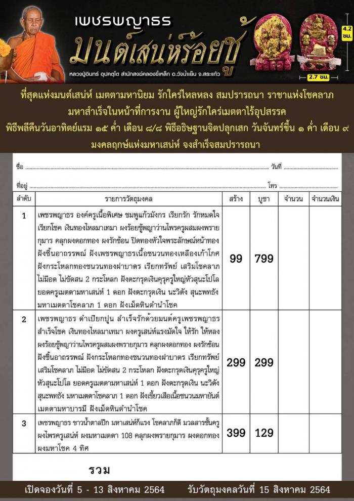 หลวงปู่อินทร์ อุปคตฺโต สำนักสงฆ์คลองขี้เหล็ก อ.วังน้ำเย็น จ.สระแก้ว สั่งจอง