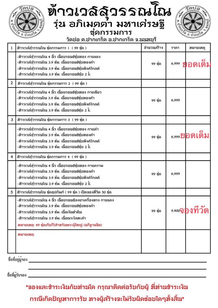 วัดบ่อ นนทบุรี รุ่น.อภิเมตตา มหาเศรษฐี      วัตถุประสงค์ : เพื่อจัดสร้างท้าวเวสสุวรรณ ขนาด 3.13 เมตร  ณ วัดบ่อ ปากเกร็ด นนทบุรี เปิดจองครับ