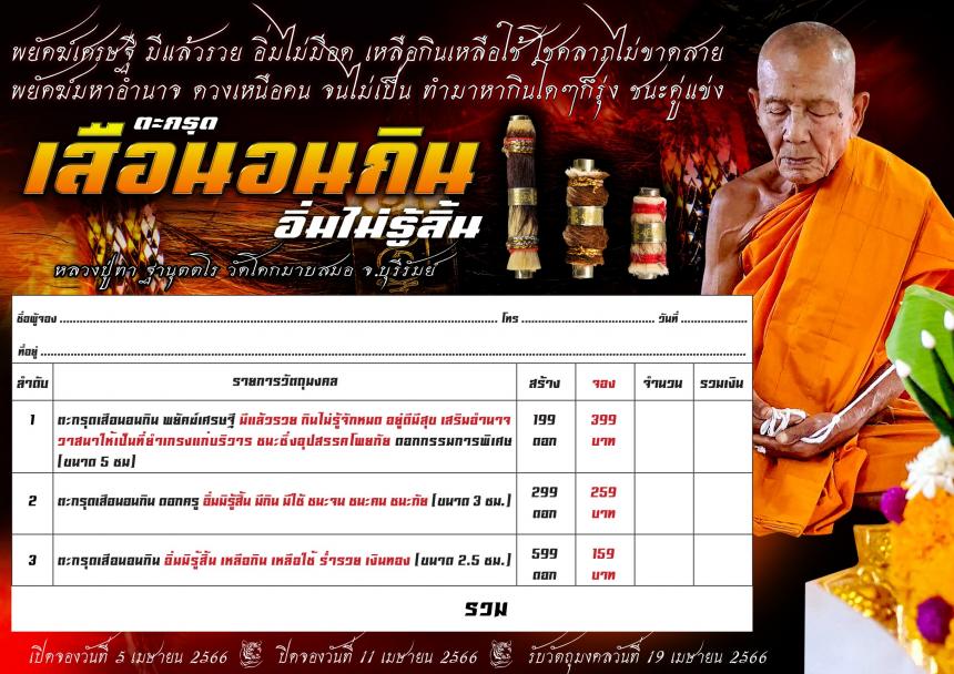 หลวงปู่ทา ฐานุตตโร วัดโคกมาบสมอ อ.เมือง จ.บุรีรัมย์ เปิดจองครับ