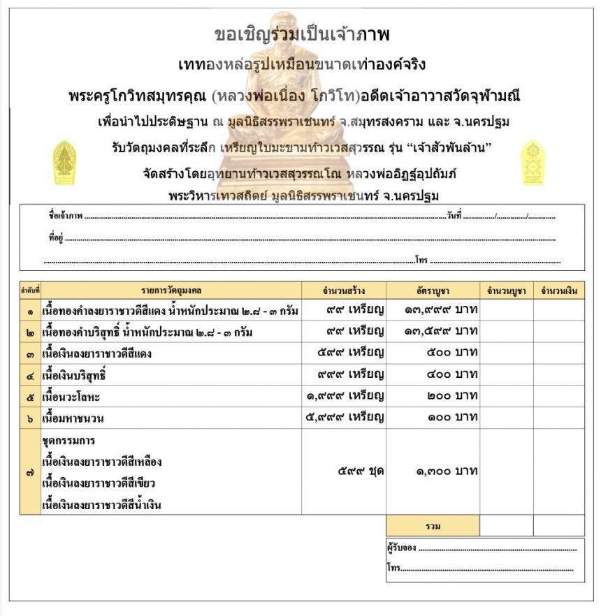 จารึกชื่อลงบนทองแท่ง / แผ่นทองมหายันต์โภคทรัพย์ เททองหล่อรูปเหมือนขนาดเท่าองค์จริง พระครูโกวิทสมุทรคุณ (หลวงพ่อเนื่อง โกวิโท) อดีตเจ้าอาวาสวัดจุฬามณี เปิดจองครับ