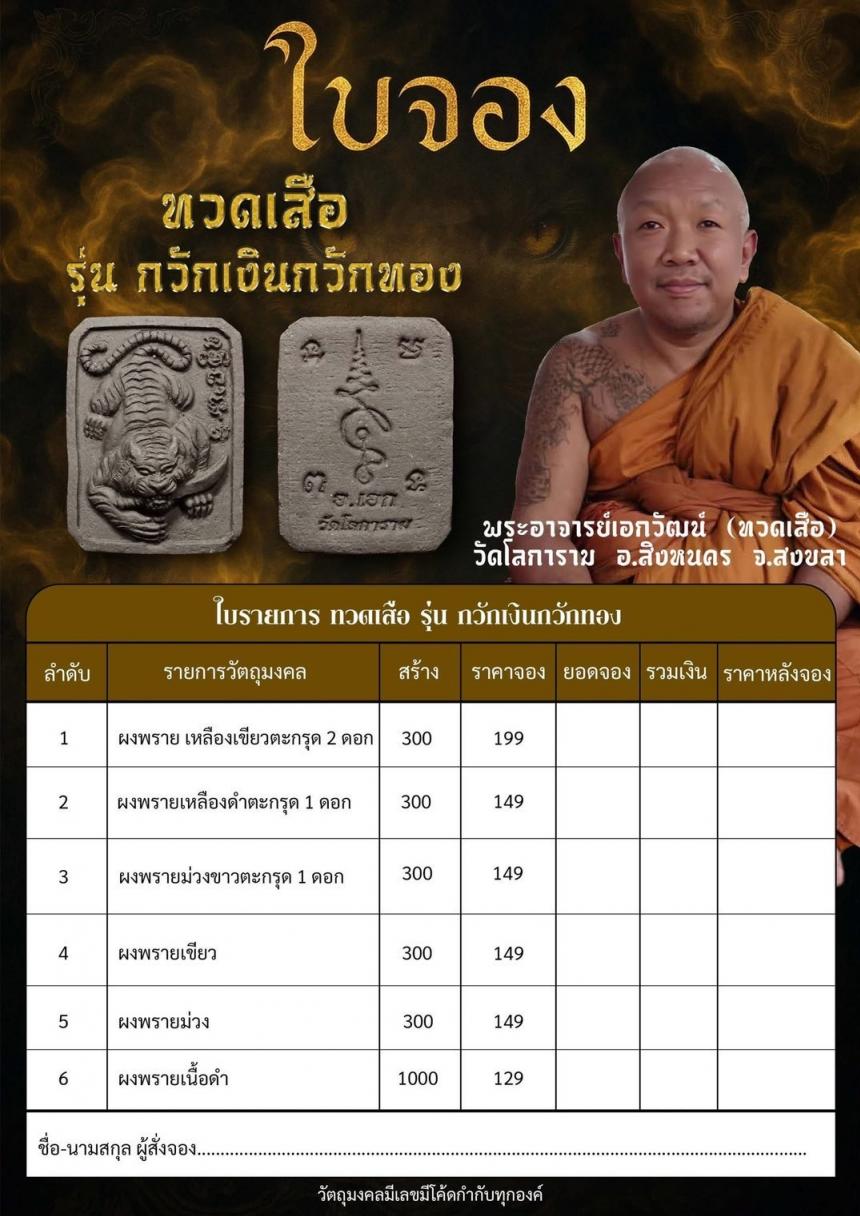 พระอาจารย์เอกวัฒน์ (ทวดเสือ) วัดโลการาม อ.สิงหนคร จ.สงขลา เปิดจอง