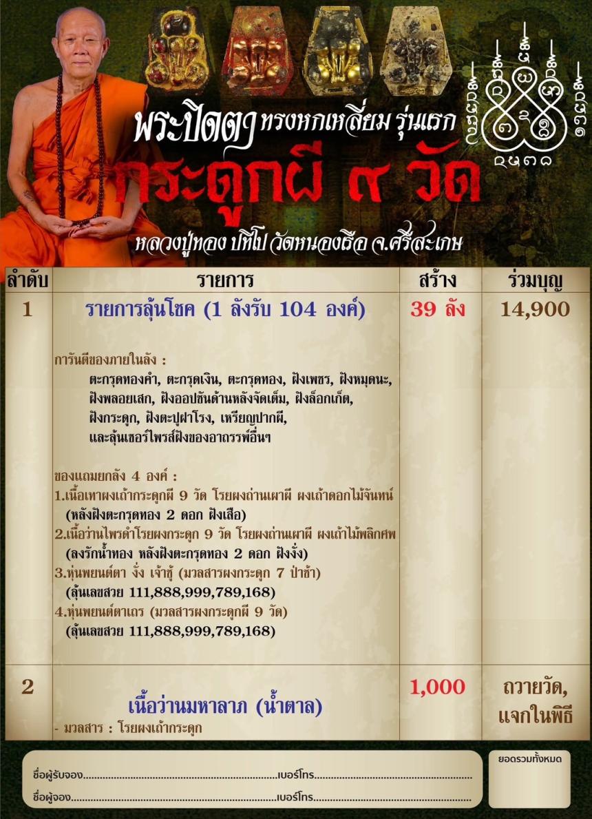 หลวงปู่ทอง ปทีโป วัดหนองเรือ จ.ศรีสะเกษ เปิดจองครับ