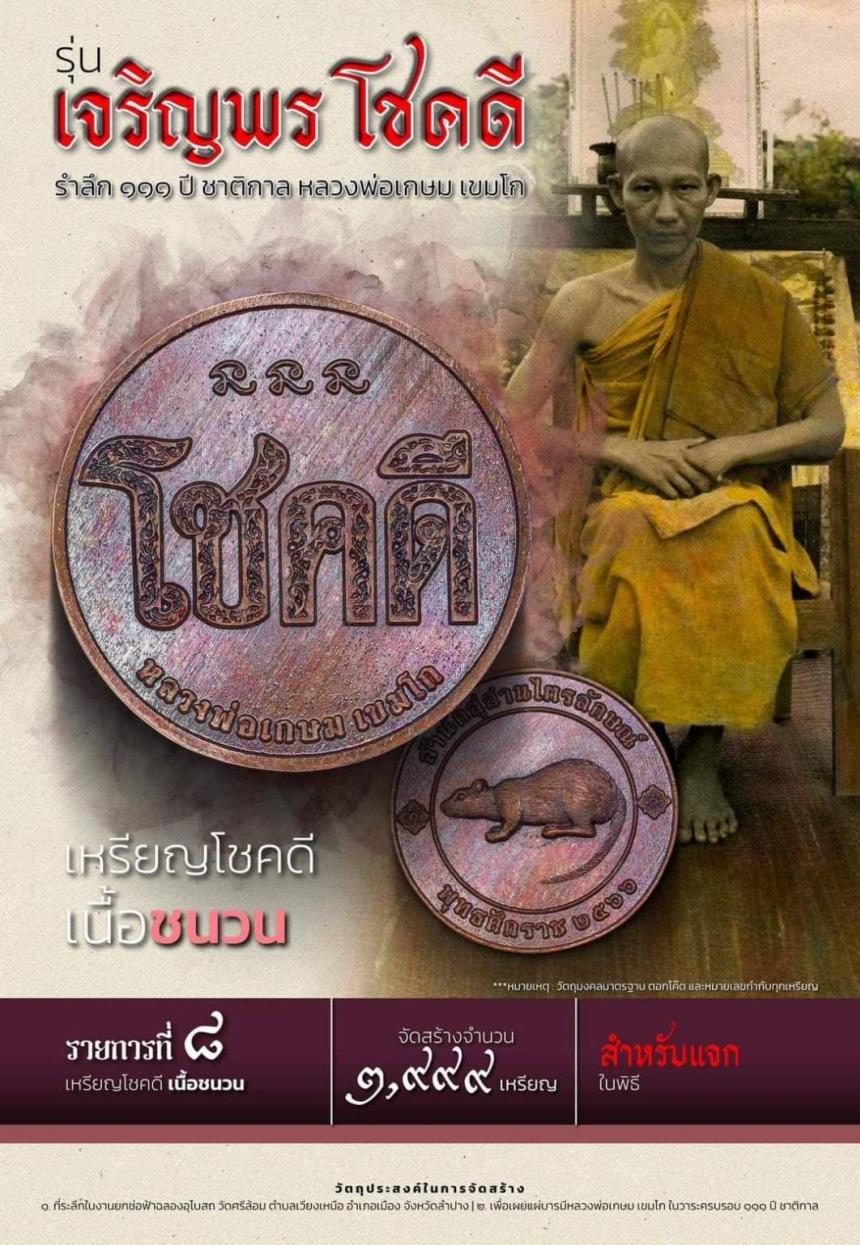 เปิดจองเหรียญ “ เจริญพร โชคดี ” รำลึก ๑๑๑ ปี ชาติกาล หลวงพ่อเกษม เขมโก
