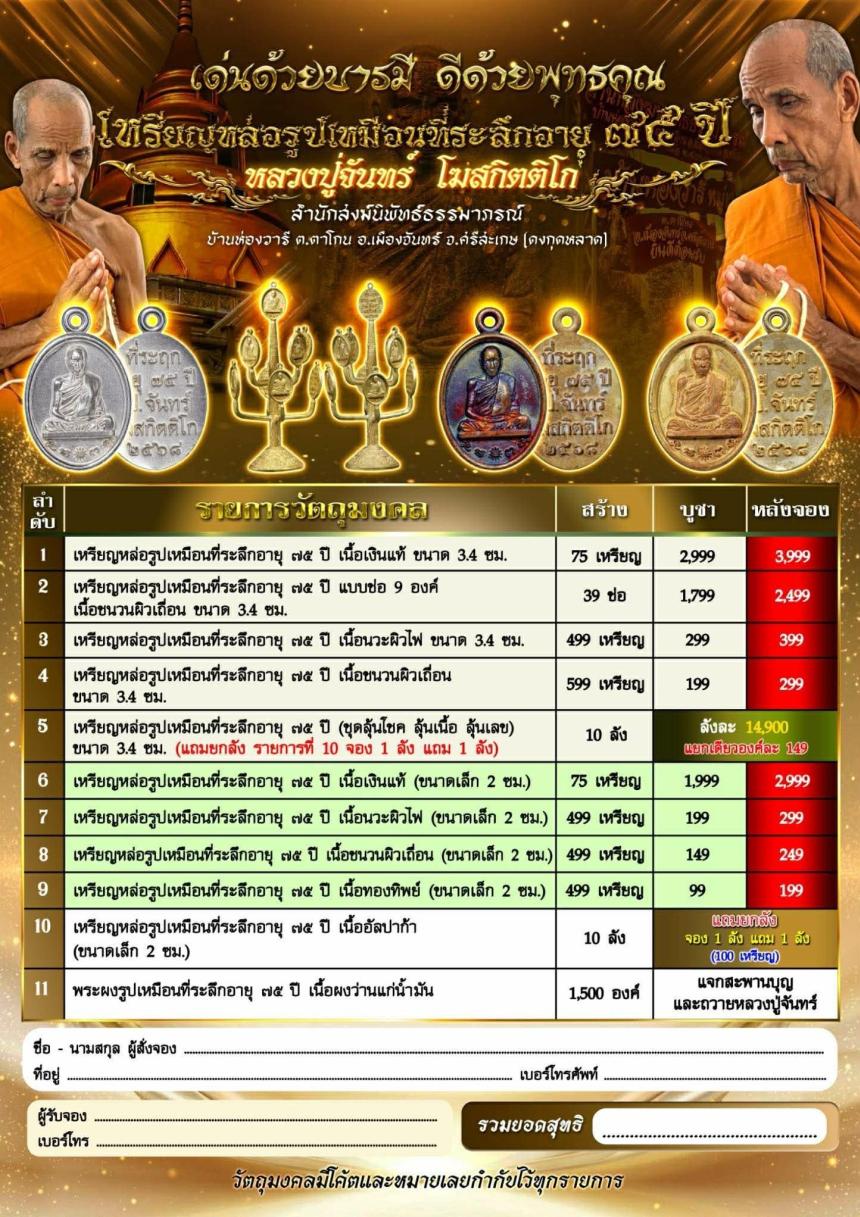เหรียญหล่อรูปเหมือนที่ระลึกอายุ ๗๕ ปี หลวงปู่จันทร์ โฆสกิตติโก สำนักสงฆ์นิพัทธ์ธรรมาภรณ์ บ้านห่องวารี ต.ตาโกน อ.เมืองจันทร์ จ.ศรีสะเกษ เปิดจองครับ